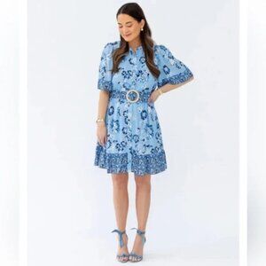 Sail to Sable Blue Floral Belted Ruffle Hem Shirt Dress Style Charade Size XXL